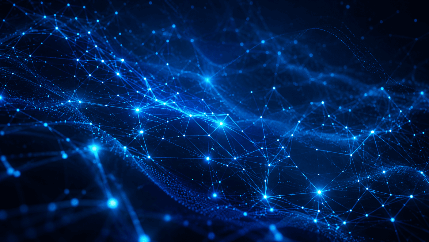 Abstract AI network visualisation, glowing data points and connections